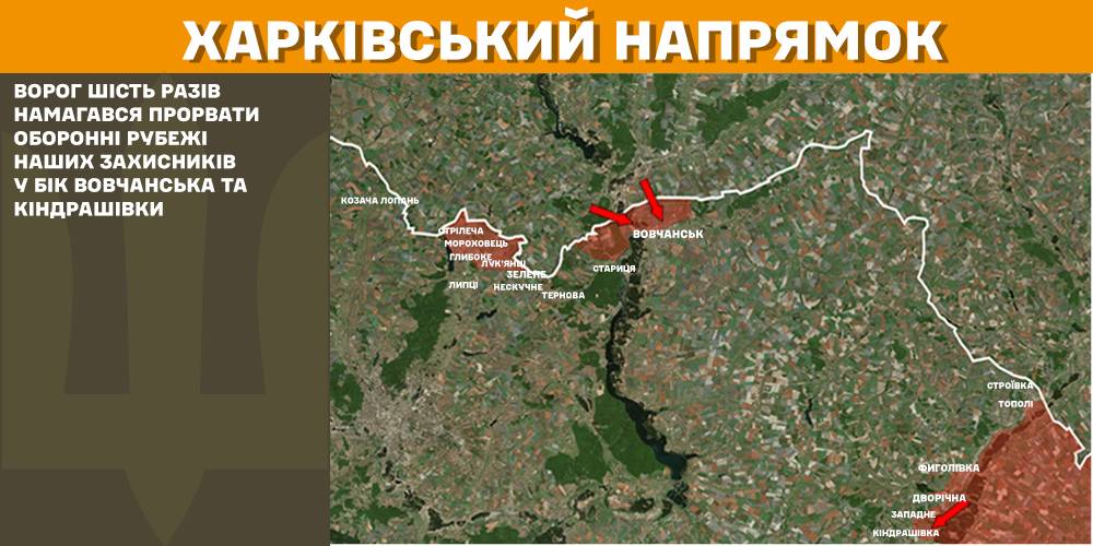 Ворог шість разів намагався прорвати оборонні рубежі наших захисників у бік Вовчанська та Кіндрашівки