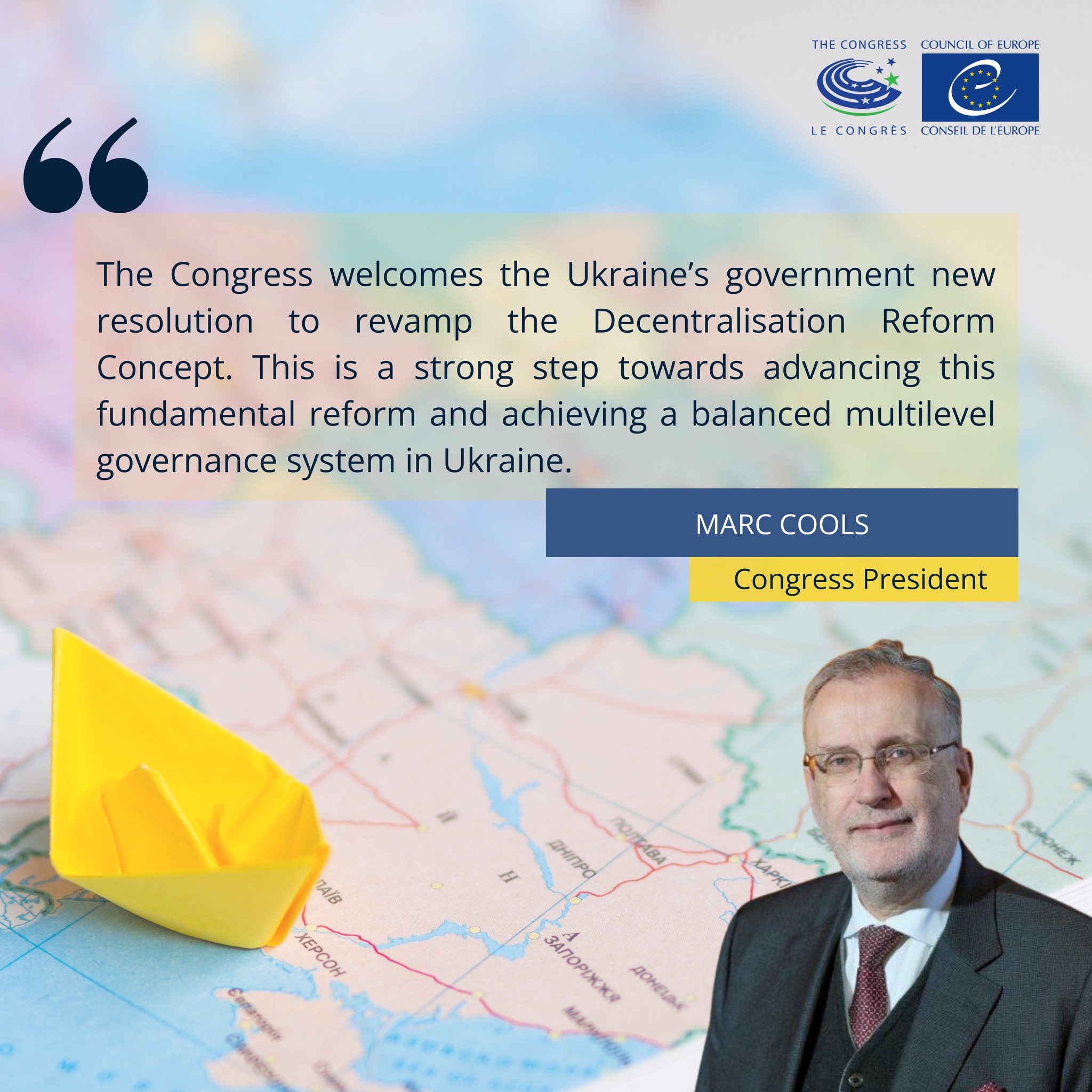 Президент Конгресу місцевих і регіональних влад Ради Європи Марк Коолс вітає оновлення Концепції реформи децентралізації в Україні